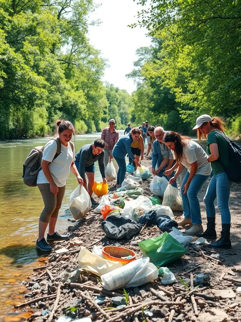 A community cleanup event at a local river, with volunteers removing trash and debris to protect the waterway.