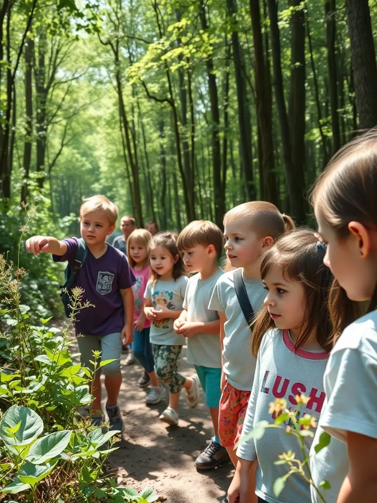 A photograph of children participating in a nature walk, learning about local flora and fauna, with a guide pointing out interesting features.