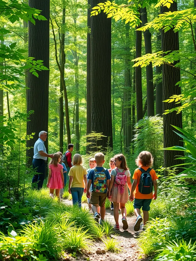 A heartwarming image of children participating in a nature walk, learning about local flora and fauna, showcasing the educational impact of ASSOCIATION LOU SINGLAR.