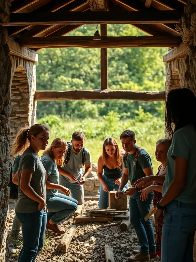 A photograph of volunteers restoring a historical building, emphasizing the association's commitment to preserving local cultural heritage.