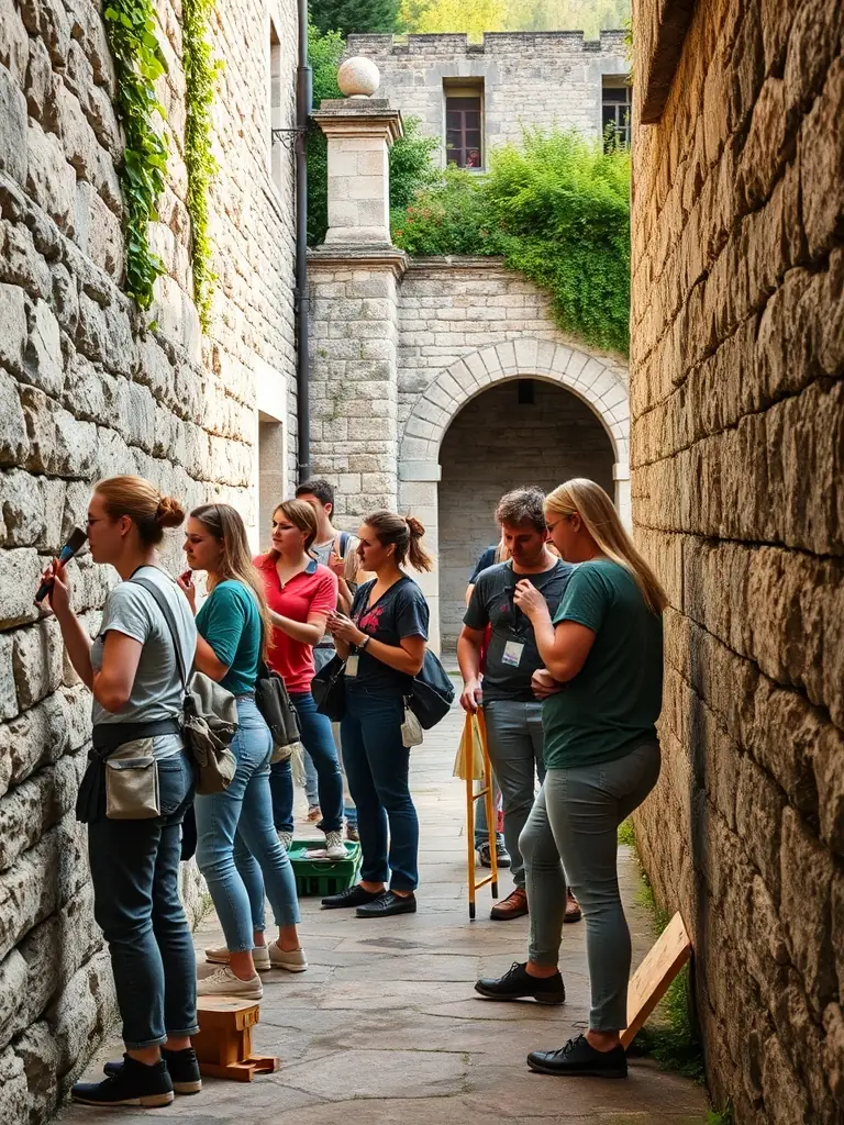A photo of a historical site being restored by volunteers, showing the careful work being done to preserve the cultural landmark.