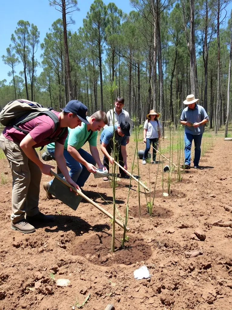 A group of volunteers planting native trees in a deforested area, showcasing the association's reforestation initiative.