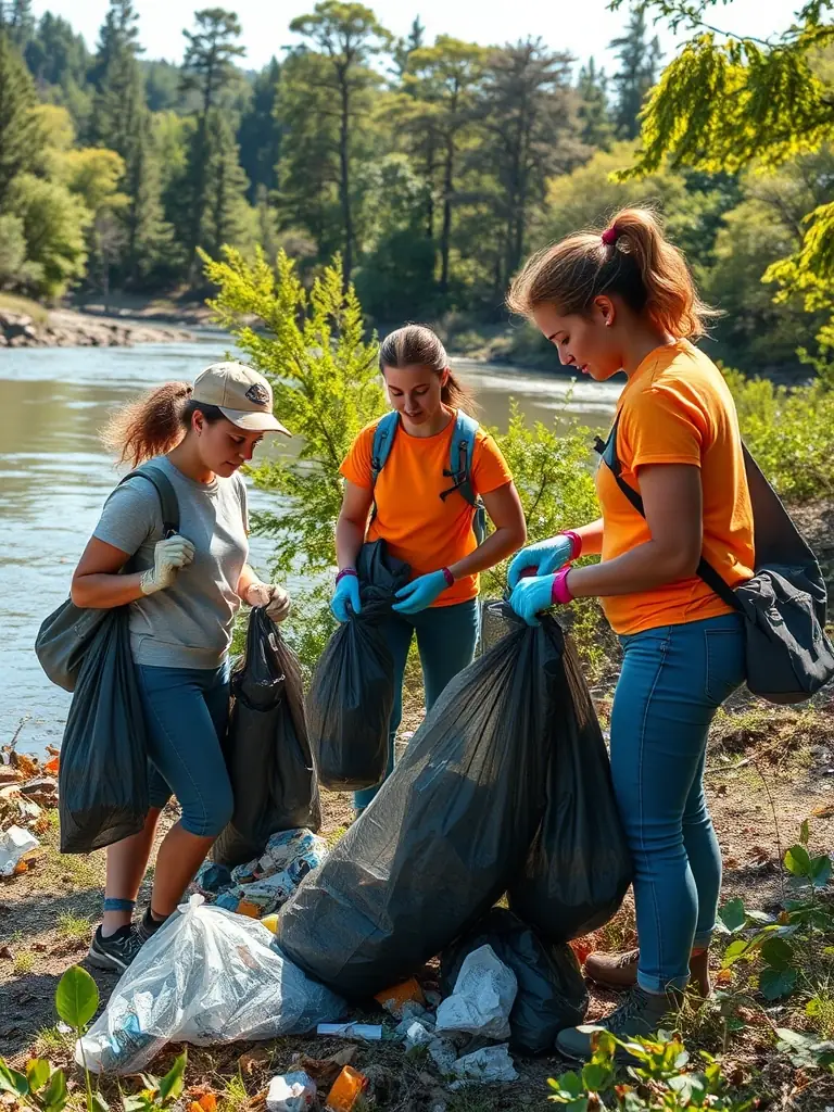 A serene image of a group of volunteers cleaning up a local riverbank, emphasizing the association's commitment to environmental preservation.
