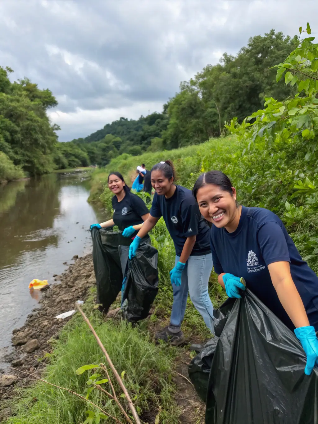 A group of volunteers cleaning up a riverbank, removing trash and debris, with the local village visible in the background.